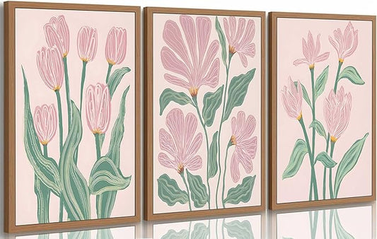 3 Pcs Pink Tulips Flowers Canvas Wall Art Boho Pink and Green Abstract Floral Botanical Paintings Pictures Wall Decor Poster Print Artwork for Living Room Bedroom Home Decoration Unframed