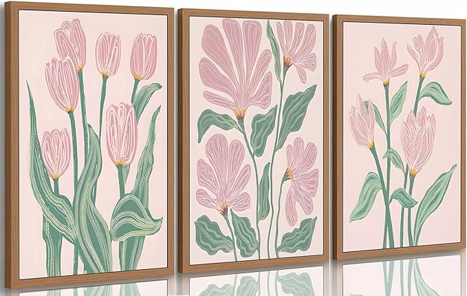 3 Pcs Pink Tulips Flowers Canvas Wall Art Boho Pink and Green Abstract Floral Botanical Paintings Pictures Wall Decor Poster Print Artwork for Living Room Bedroom Home Decoration Unframed