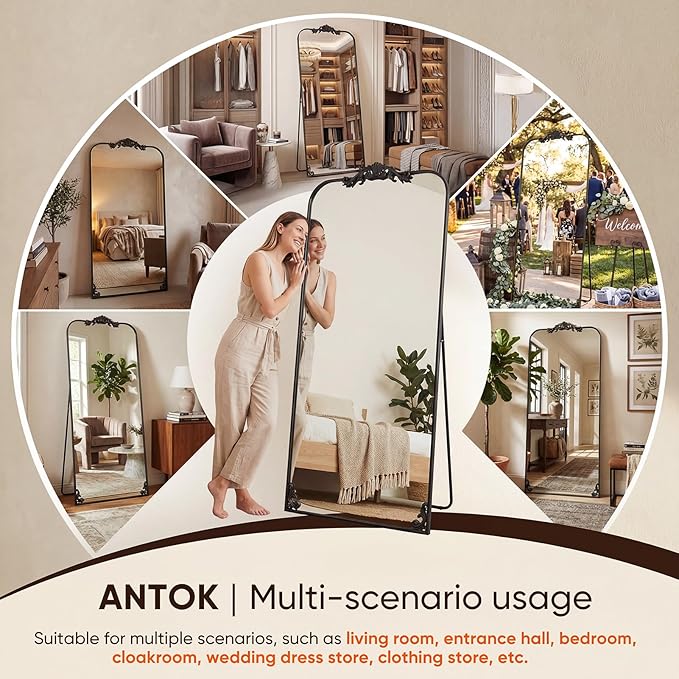 Antok Arched Full Length Mirror, 71"x32" Floor Mirror with Carved, Full Body Mirrors for HomeDecor, Standing/Halling Large Wall Mirror for Bedroom, Living Room, Cloakroom, Bronze, Luxury Style