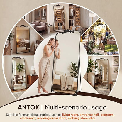 Antok Arched Full Length Mirror, 71"x32" Floor Mirror with Carved, Full Body Mirrors for HomeDecor, Standing/Halling Large Wall Mirror for Bedroom, Living Room, Cloakroom, Black, Luxury Style
