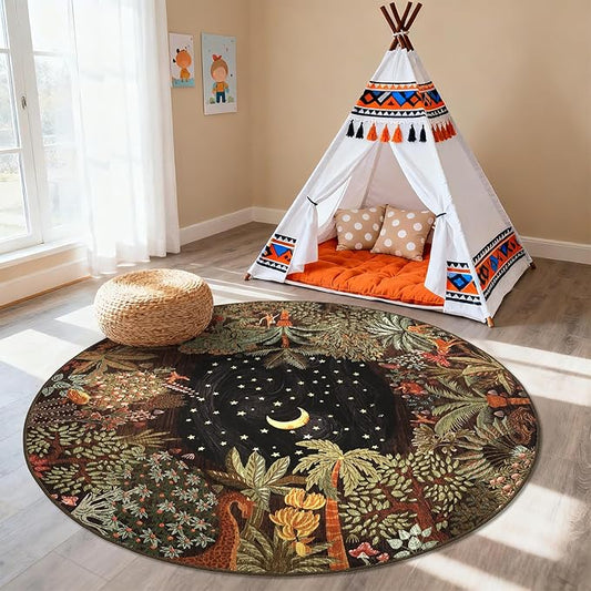 GarveeHome Round Area Rugs 4ft for Kids Room, Brown Jungle Washable Circle Rug Soft Non Slip Forest Animal Print Floor Mat Tiger Carpet Indoor Thin Tent Rug for Bedroom Dining Room Playroom Nursery