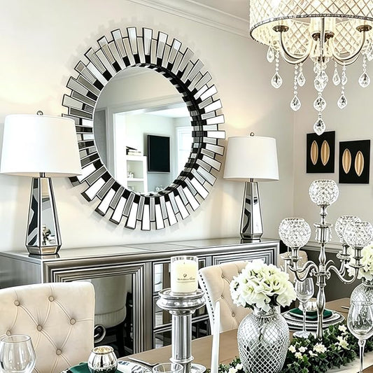 Chende Round Mirrors for Wall Decor, 32'' Large Living Room Mirror with Beveled Edge Glass Frame, Modern Decorative Mirror for Entryway, Dining Room, Bathroom
