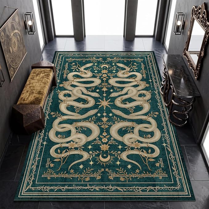 Garvee Snake Gothic 8x10 Area Rug Dark Whimsical Moody Witchy Unique Soft Thin Large Carpet for Living Room Bedroom Dining Room Playroom Indoor Decor Low Pile TPE Backing Blue Green