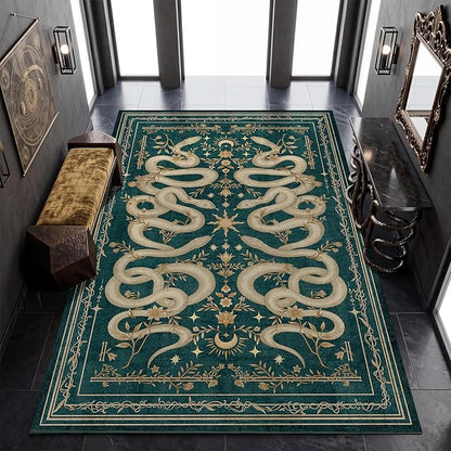 Garvee Snake Gothic 8x10 Area Rug Dark Whimsical Moody Witchy Unique Soft Thin Large Carpet for Living Room Bedroom Dining Room Playroom Indoor Decor Low Pile TPE Backing Blue Green