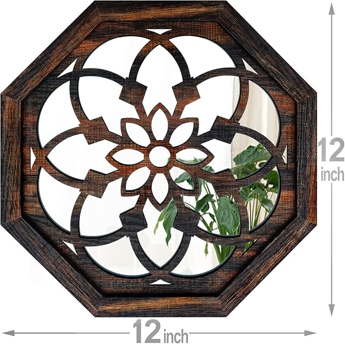 ZOLAPI 2-Piece Octagon Wall-Mounted Mirrors,Vintage Farmhouse Mirror for Wall Decor,Caramel Color Decorative Accent Mirror for Foyer, Bathroom, Bedroom. (12”x12”)