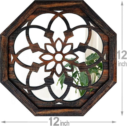 ZOLAPI 2-Piece Octagon Wall-Mounted Mirrors,Vintage Farmhouse Mirror for Wall Decor,Caramel Color Decorative Accent Mirror for Foyer, Bathroom, Bedroom. (12”x12”)