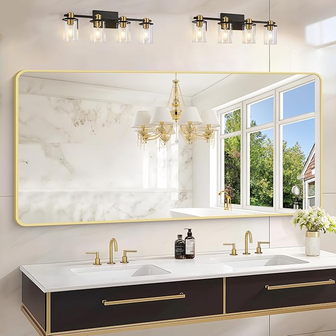 30"x60" Gold Bathroom Mirror, Large Rectangle Wall Mounted Mirror with Rounded Corner, Aluminum Metal Frame Vanity Mirror for Bathroom Bedroom Living Room