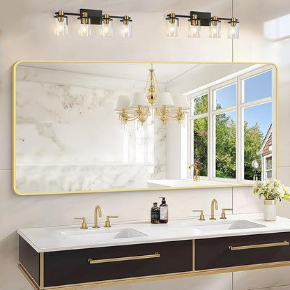 30"x60" Gold Bathroom Mirror, Large Rectangle Wall Mounted Mirror with Rounded Corner, Aluminum Metal Frame Vanity Mirror for Bathroom Bedroom Living Room