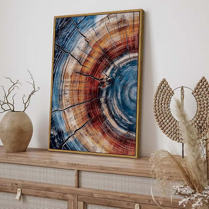 BingruiArt Framed Tree Ring Wall Art Blue and Red Boho Wall Decor Nature Print Wood Canvas Rustic Artwork Abstract Painting Modern Picture for Living Room Bedroom Bathroom 16"x24" Natural Framed(01)