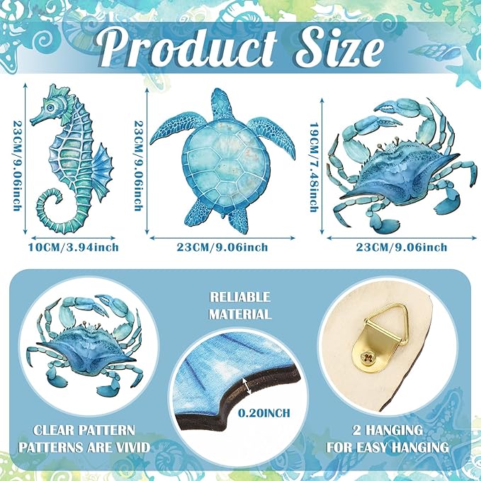 Tatuo 3 Pcs Summer Coastal Wall Decor Bathroom Beach Blue Wall Art Sea Turtle Surfboard Seahorse Starfish Seashell Conches Crabs Sea Life Decor for Bedroom Home (Ocean Style)