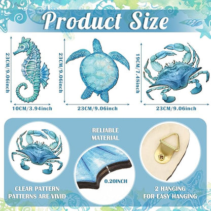 Tatuo 3 Pcs Summer Coastal Wall Decor Bathroom Beach Blue Wall Art Sea Turtle Surfboard Seahorse Starfish Seashell Conches Crabs Sea Life Decor for Bedroom Home (Ocean Style)
