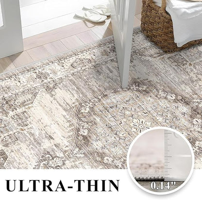 Washable Area Rugs 4x5 Entryway: Soft Ultra Thin Low Pile Mat Machine Washable Indoor Doormat Lightweight Entry Rug Anti Slip Backing Rugs for Living Room Bedroom Kitchen 4'x5' Beige
