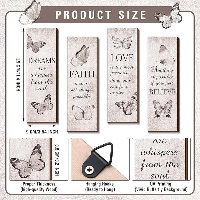 Qunclay 4 Pcs Butterfly Wall Decor Wooden Bathroom Sign Believe Faith Dream Love Inspirational Quote Wooden Rustic Art Accessories Butterfly Wood Decor 11 x 4 Inch for Home Wall Bathroom Bedroom