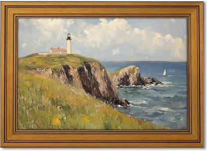 Vintage Gold Framed Canvas Wall Art, Island Lighthouse Poster Artwork, Nature Ocean Landscape Print Picture, Seascape Painting Wall Decor, for Living Room, Bedroom, Home Decoration, 16x24in