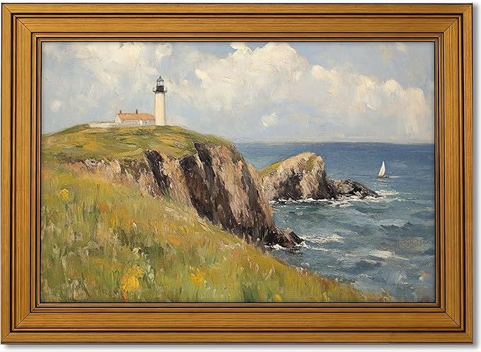 Vintage Gold Framed Canvas Wall Art, Island Lighthouse Poster Artwork, Nature Ocean Landscape Print Picture, Seascape Painting Wall Decor, for Living Room, Bedroom, Home Decoration, 9x11in