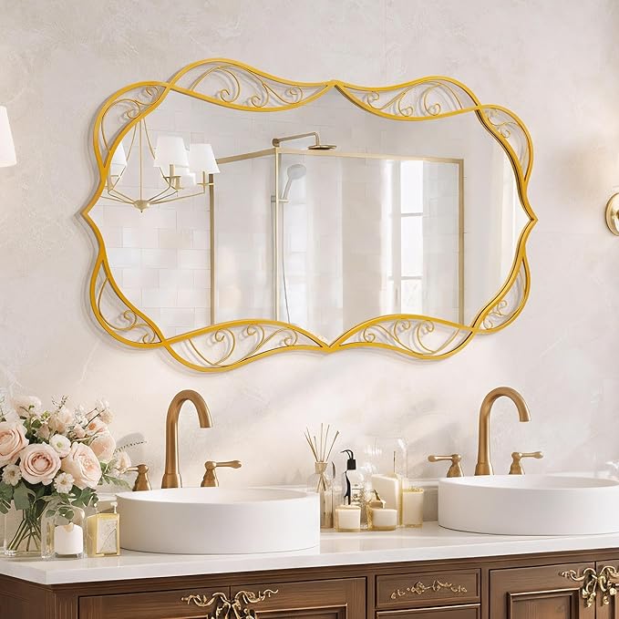 Besdomus Bathroom Gold Wall Mirror: 30"x48" Scalloped Modern Large Wall Mounted Mirror - Farmhouse Vanity Mirror Vertical or Horizontal Hanging - Home Decor for Bathroom/Living Room/Hallway