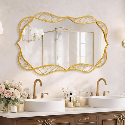 Besdomus Bathroom Gold Wall Mirror: 30"x48" Scalloped Modern Large Wall Mounted Mirror - Farmhouse Vanity Mirror Vertical or Horizontal Hanging - Home Decor for Bathroom/Living Room/Hallway