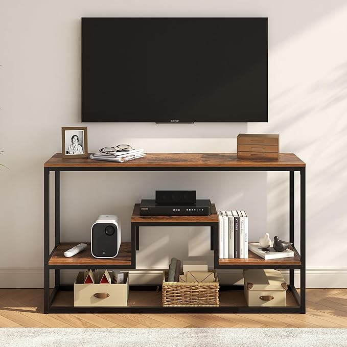 YOUDENOVA Tall TV Stand for TVs up to 55 Inch, TV Console Table with 3-Tier Open Storage Shelves, Modern Industrial Entertainment Center for Living Room, Bedroom，Rustic Brown