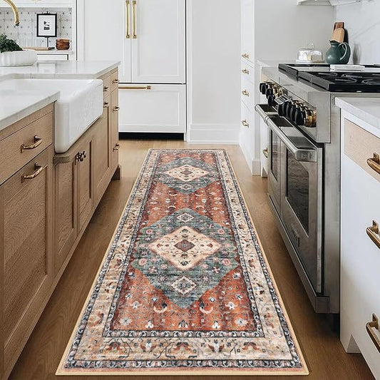 KOZYFLY Runners for Hallways 2.6x8 Ft Washable Kitchen Runner Rug Boho Runner Rug for Entryway Indoor Rust/Orange/Blue Printed Oriental Faux Wool Floor Carpet Runner for Bedroom Kitchen Hall
