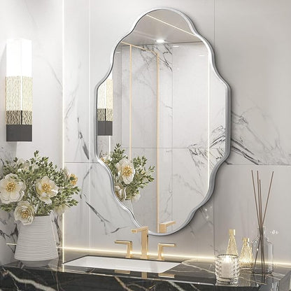 Scalloped Mirror for Bathroom - 20"x36" Silver Bathroom Mirror with Aviation Aluminum Alloy Frame & Shatter-Proof Glass for Living Room Bedroom Entryway, Brushed Silver Frame