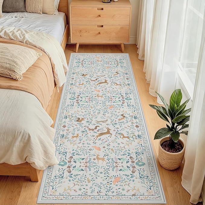 Runner Rug Washable Runners Kitchen Rugs Non Slip Neutral Floral Carpet Low Pile for Indoor Hallways Entryway Living Room Bedroom Laundry Soft Mat 2'6''x8' Cream Gray
