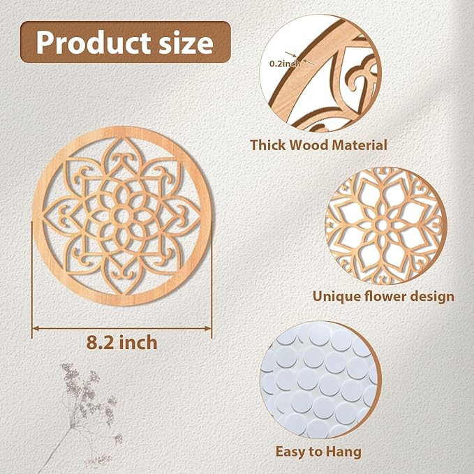 KOYILTD 4 Pieces Thicken Rustic Wall Decor,Flower Carved Wall Art,Wooden Hollow Carved Design(Round, 8.2in)