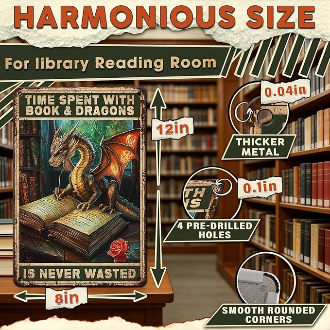 Dragon Metal Tin Sign Vintage Funny Wall Decor Time Spent With Books And Dragons Is Never Wasted Poster For Book Lovers Library Study Office Reading Nook Home Bar 8x12 Inch