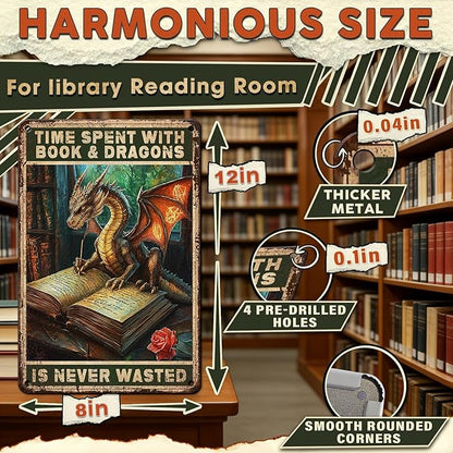 Dragon Metal Tin Sign Vintage Funny Wall Decor Time Spent With Books And Dragons Is Never Wasted Poster For Book Lovers Library Study Office Reading Nook Home Bar 8x12 Inch