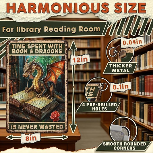 Dragon Metal Tin Sign Vintage Funny Wall Decor Time Spent With Books And Dragons Is Never Wasted Poster For Book Lovers Library Study Office Reading Nook Home Bar 8x12 Inch