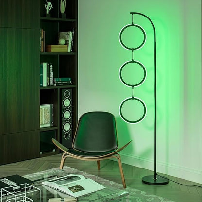Brightech Nova Modern Color Changing Floor Lamp - LED Lamp with Stunning RGB Color Gradient and Contemporary 3-Circle Ring-Style Pendant - Corner or Over-The-Couch Arching Pole Standing Lamp - Black