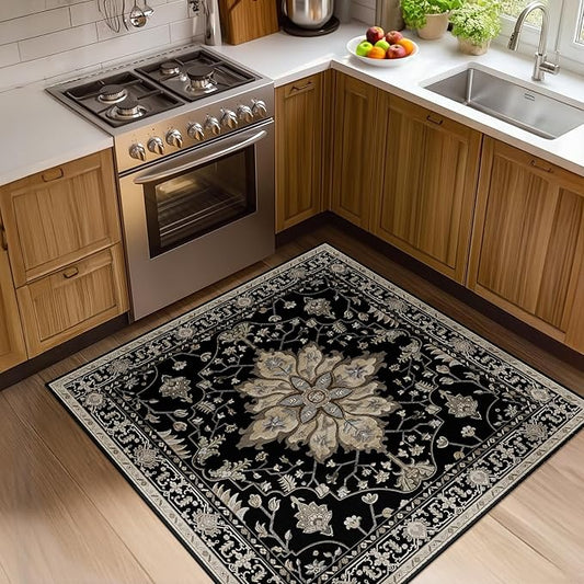 RELEANY Area Rugs Square 4ft Washable Non-Slip, Floral Vintage Distress Print Pattern Medallion Carpet for Living Room Bedroom Dining Room, Black Brown Neutral Dark Tan