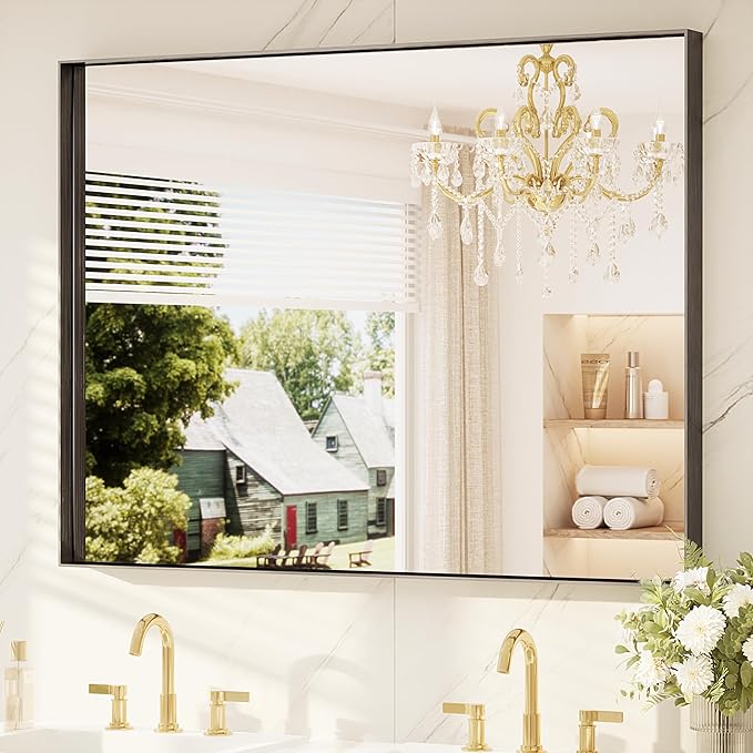 TETOTE 48" x 36" Black Bathroom Mirror, Matte Black Rectangle Framed Vanity Mirror for Bathroom Sink, Tempered Glass, Modern Farmhouse Wall Mirrors for Living Room, Bedroom, Entryway