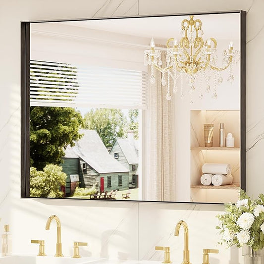 TETOTE 48" x 36" Black Bathroom Mirror, Matte Black Rectangle Framed Vanity Mirror for Bathroom Sink, Tempered Glass, Modern Farmhouse Wall Mirrors for Living Room, Bedroom, Entryway