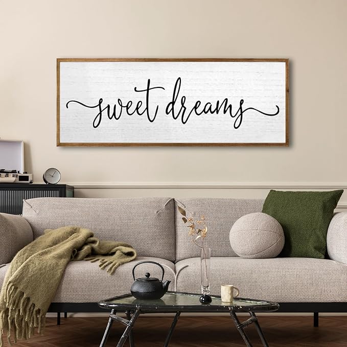 Sweet Dreams Wall Decor Above Bed Sign 24''×10'' Large Wood Framed Master Bedroom Guest Room Sweet Dreams Signs Farmhouse Rustic Wall Art Decoration (Wood)