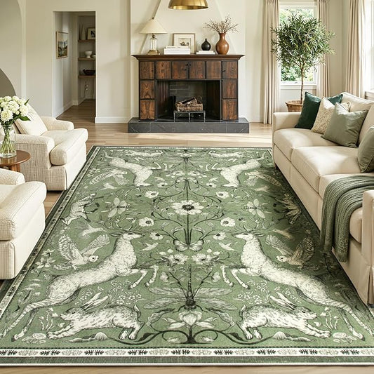 Lahome 8x10 Area Rug for Living Room, Dorval Washable Boho Deer Rug, Vintage Botanical Green Non Slip Low Pile Large Carpet for Bedroom Dining Room Office Nursery Farmhouse Decor