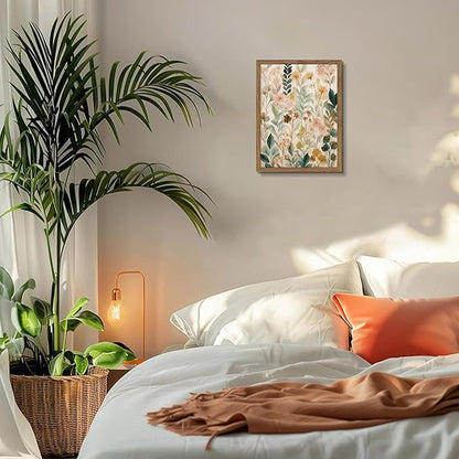 Framed Boho Floral Wall Art, Neutral Botanical Wildflower Canvas Wall Decor Painting, Vintage Flower Poster Print Picture for Living Room Bathroom Bedroom 16x24 Inch