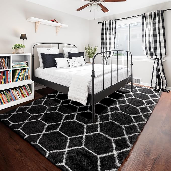ONASAR 8x10 Area Rugs for Living Room, Fluffy Black and White Bedroom Rug, Geometric Boho Large Soft Plush Shaggy Fuzzy Floor Carpet for Nursery Kids Classroom Playroom Dorm Home Decor