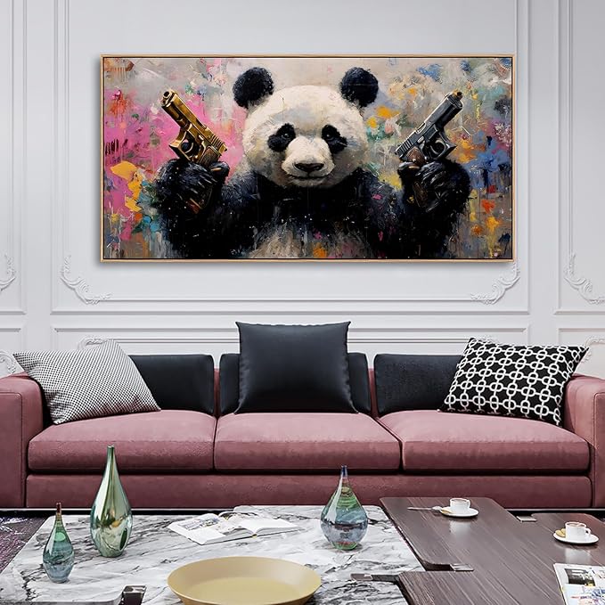 Sorbrozo Abstract Panda Canvas Wall Art - Vibrant Pop Art Animal Painting with Colorful Brushstrokes Modern Frame Wall Decor for Living Room Bedroom 24x48in