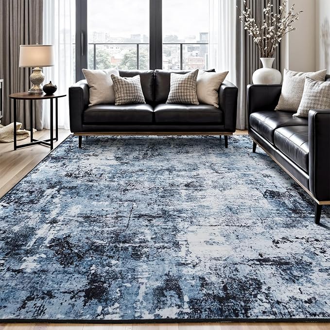 Rugflix 6x8 Area Rugs for Living Room, Washable Large Rug Stain-Resistant Low Pile, Modern Dark Carpet for Dining Room Home Office Kid Room Nursery Bedroom, Navy Blue/Black
