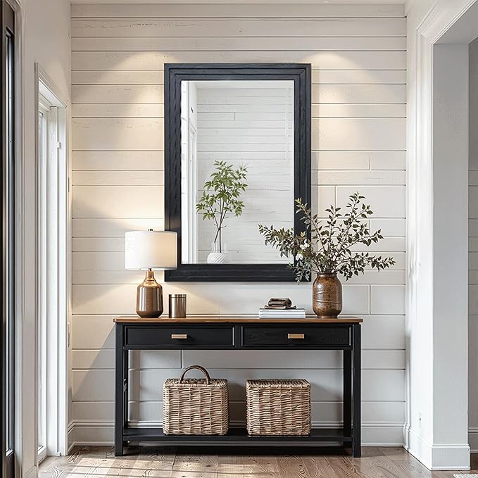 Wood Framed Mirrors for Wall, Black Bathroom Vanity Mirror for Over Sink 24 x 36, Vintage Wall Mirror for Bathroom Sink Hallway Entryway Bedroom Living Room Farmhouse Boho Style