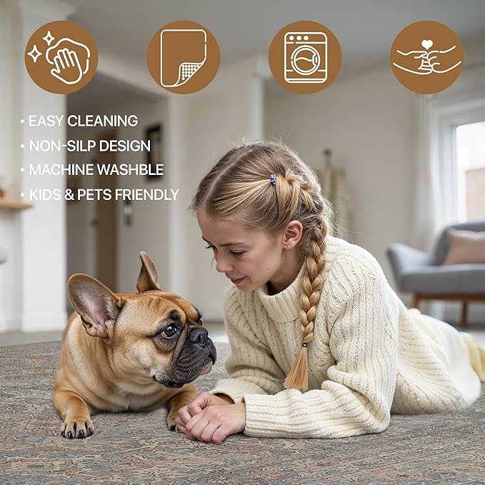 6x9 Area Rug Machine Washable Boho Rug for Living Room,Ultra-Thin Low Pile Carpet,Lightweight Indoor Printed Rug,Non Slip Floral Area Rug for Bedroom, Dining Room, Home Office,Grayish Blue