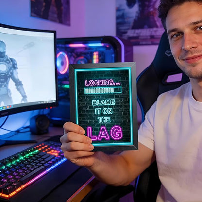 Framed Gamer Wall Art, Boys Game Room Wall Decor Painting, Funny “Blame It On The Lag” Blue Neon Sign Canvas Print Poster, LED Style Loading Screen Game Room Bedroom Decor 8x10 Inch