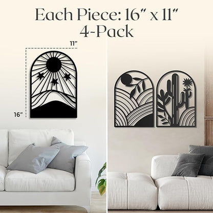 GALLERY GRACE Metal Wall Art Decor – 11" x 16", 4Pc Single Line Abstract Wall Art for Living Room, Bedroom, Office – Boho Minimalist Black Wall Decor Featuring Sun, Moon, Landscape & Desert Panels