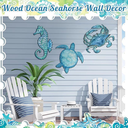 Tatuo 3 Pcs Summer Coastal Wall Decor Bathroom Beach Blue Wall Art Sea Turtle Surfboard Seahorse Starfish Seashell Conches Crabs Sea Life Decor for Bedroom Home (Ocean Style)