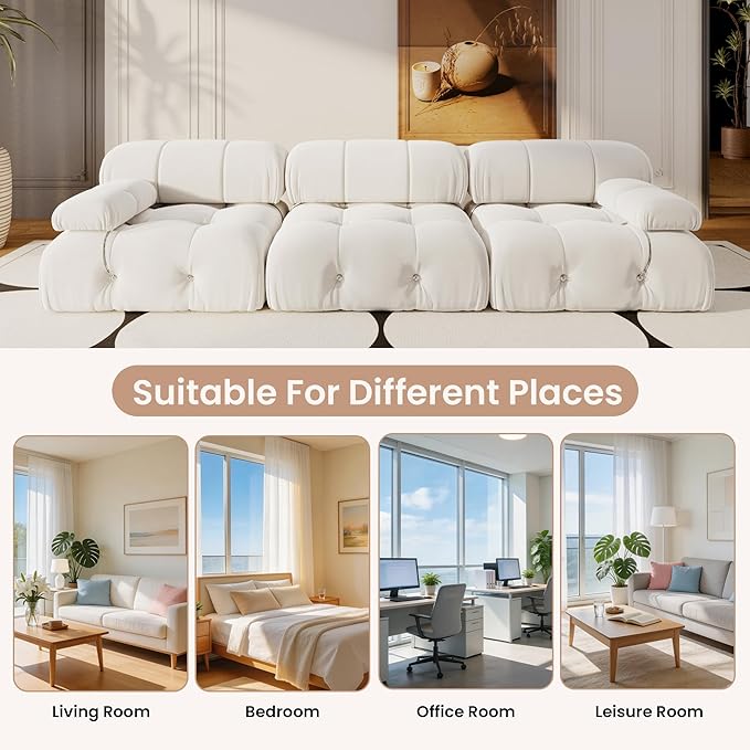 104'' Modular Sectional Sofa, Modern Luxury Velvet Bubble Couch, Deep Seat Cloud Sectional Couches for Living Room, Apartment (3 Seats, Beige)