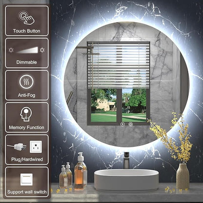 28 Inch Round LED Bathroom Mirror with Light, 3 Color Temperatures (3000K/4500K/6000K), Anti-Fog, Dimmable Backlit, Frameless Round Vanity Mirror with Lights