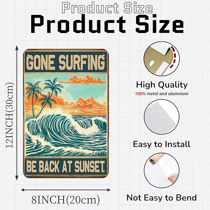 Metal Signs Gone Surfing Be Back At Sunset Sign Vintage Signs Retro Aluminum Tin Sign for Garden Kitchen Office Home Bar Cafe Decor 8x12 Inch