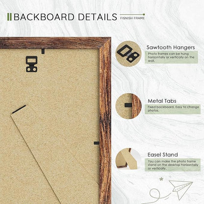 8x10 Picture Frame Set of 10, Brown Frames 8x10 for Tabletop Display, Horizontal or Vertical Wall Mounting