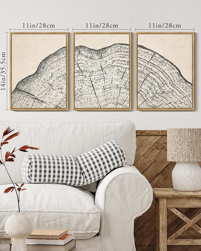 PHOPAGO Farmhouse Vintage Framed Wall Art Set Gray Wood Tree Ring Spirals Nature Abstract Drawings Rustic Modern Art Decor for Living Room Bedroom - 11x14in Natural Framed