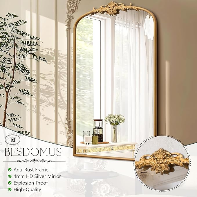 Besdomus Large Vintage Arched Mirror: 24"x42" French Arch Gleaming Gold Antique Wall Mounted Mirror - Traditional Ornate Home Decor for Entryway/Fireplace/Bathroom - Idea for Trendy Fashionistas